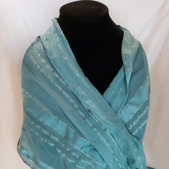 VTG Cejon Scarf, Silk, Teal, Blue, Gold Thread, Rectangular 56.5" x 13" - Picture 5 of 8